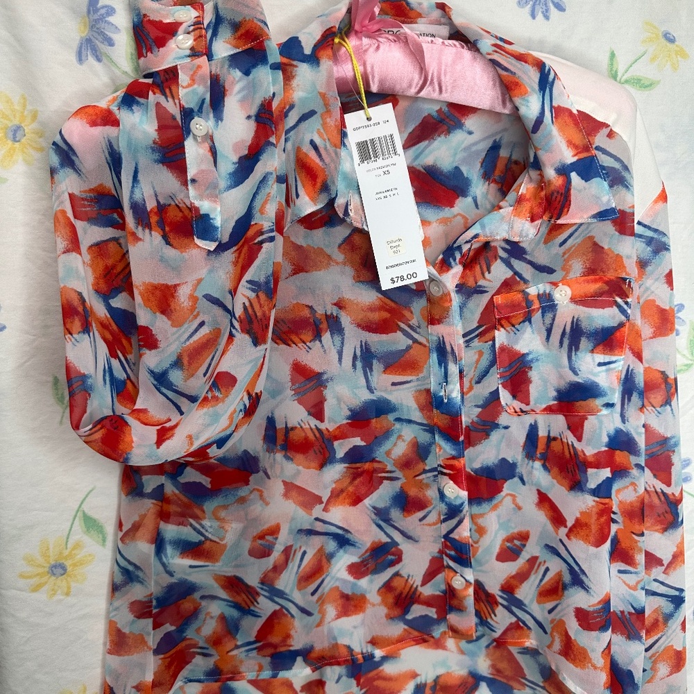 BCBG sheer multicolor Orange size XS blouse long sleeve button down NWT